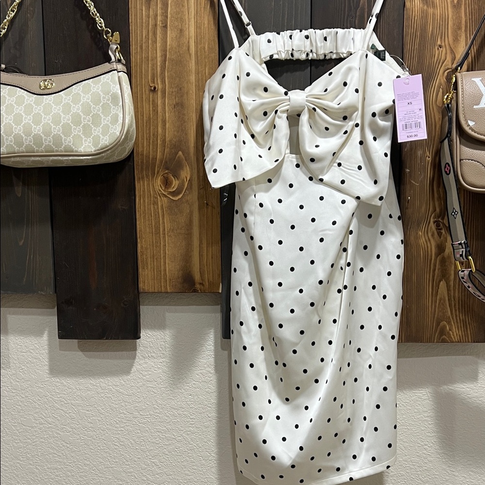 Wild Fable White Dress with Black Polka Dots and Bow